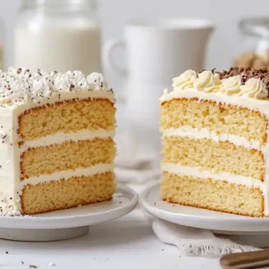 Two slices of layered cake with creamy frosting on a plate, set against a soft background.