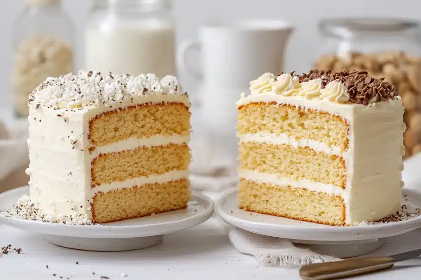 Two slices of layered cake with creamy frosting on a plate, set against a soft background.