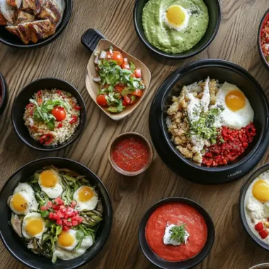 A vibrant spread of various dishes, including rice bowls, salads, and sauces, arranged on a wooden table.
