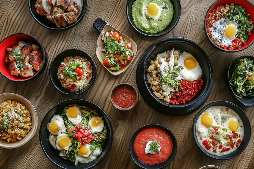 A vibrant spread of various dishes, including rice bowls, salads, and sauces, arranged on a wooden table.