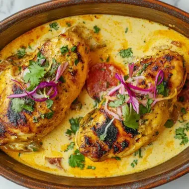 A close-up view of grilled chicken breasts in a creamy sauce garnished with herbs and vegetables.