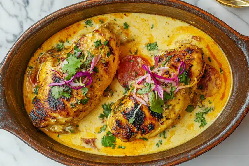 A close-up view of grilled chicken breasts in a creamy sauce garnished with herbs and vegetables.