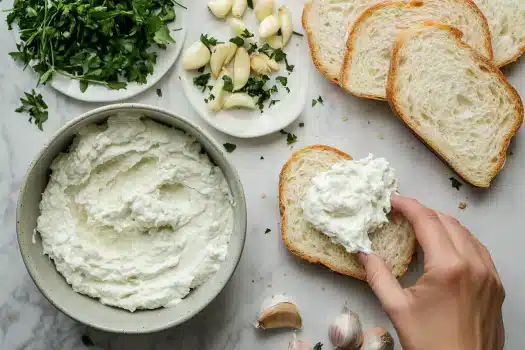 Step-by-step showing the preparation of greek yogurt garlic bread spread.