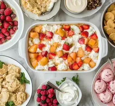 A variety of delicious desserts including fresh fruits and ice cream arranged on a table.