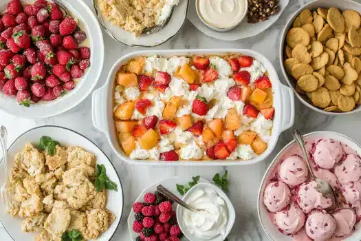 A variety of delicious desserts including fresh fruits and ice cream arranged on a table.