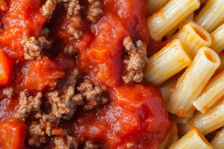 A close-up of pasta with meat sauce and diced tomatoes.