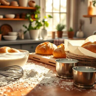 A cozy kitchen scene with freshly baked bread and ingredients on a wooden table.