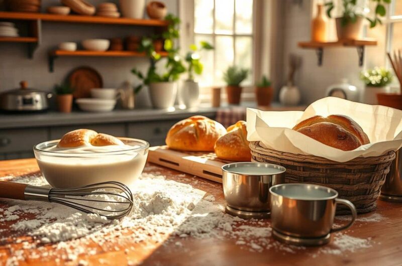 A cozy kitchen scene with freshly baked bread and ingredients on a wooden table.