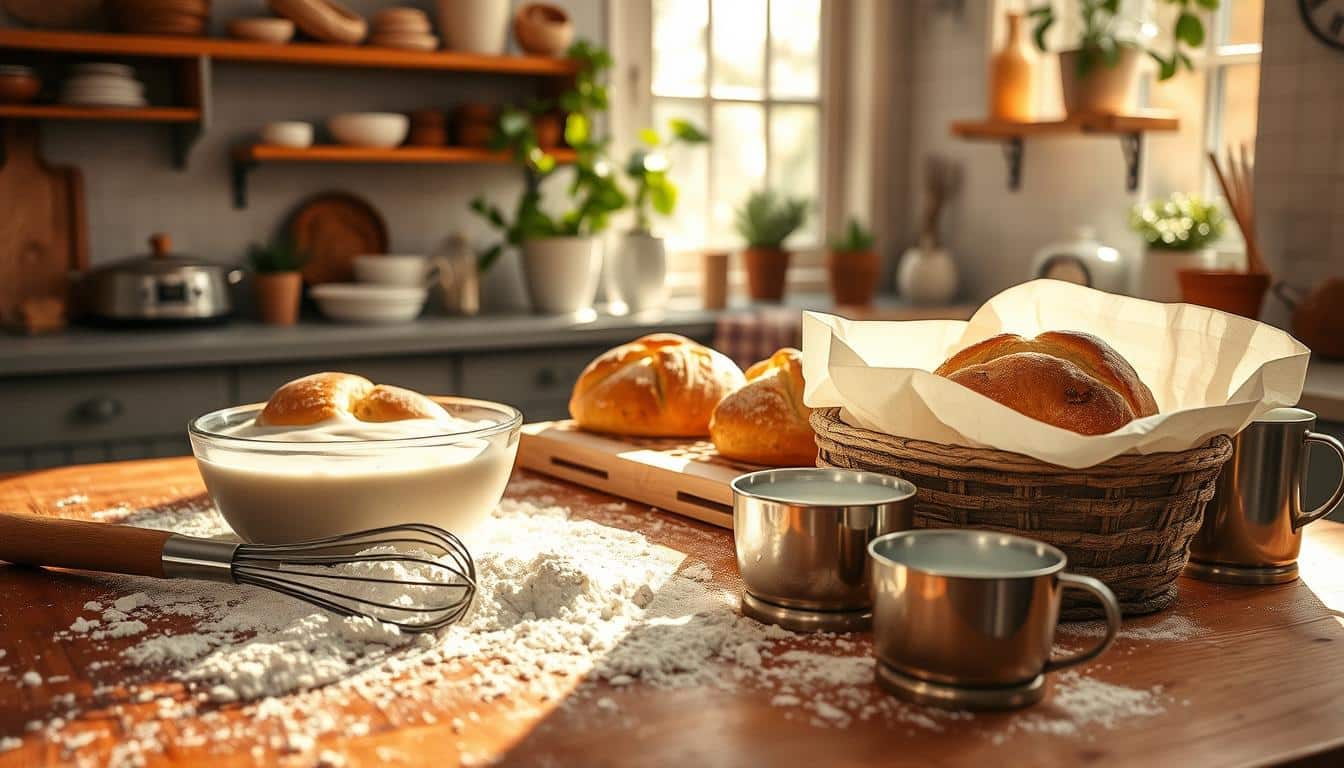 A cozy kitchen scene with freshly baked bread and ingredients on a wooden table.