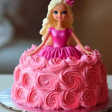 A pink-themed cake with a doll in a dress on top, decorated with rose-shaped frosting.