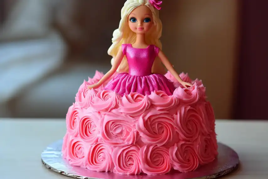 A pink-themed cake with a doll in a dress on top, decorated with rose-shaped frosting.