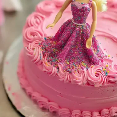 A pink, frosted cake decorated with a doll and sprinkles.