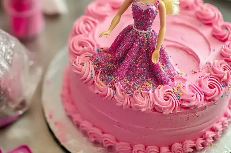 A pink, frosted cake decorated with a doll and sprinkles.