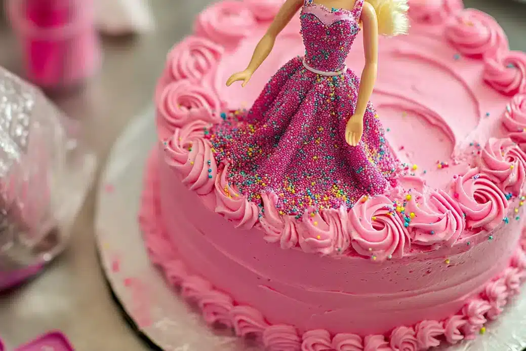 A pink, frosted cake decorated with a doll and sprinkles.