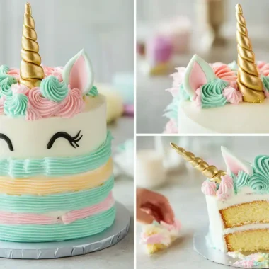 A colorful, whimsical unicorn cake topped with a golden horn and pastel frosting.