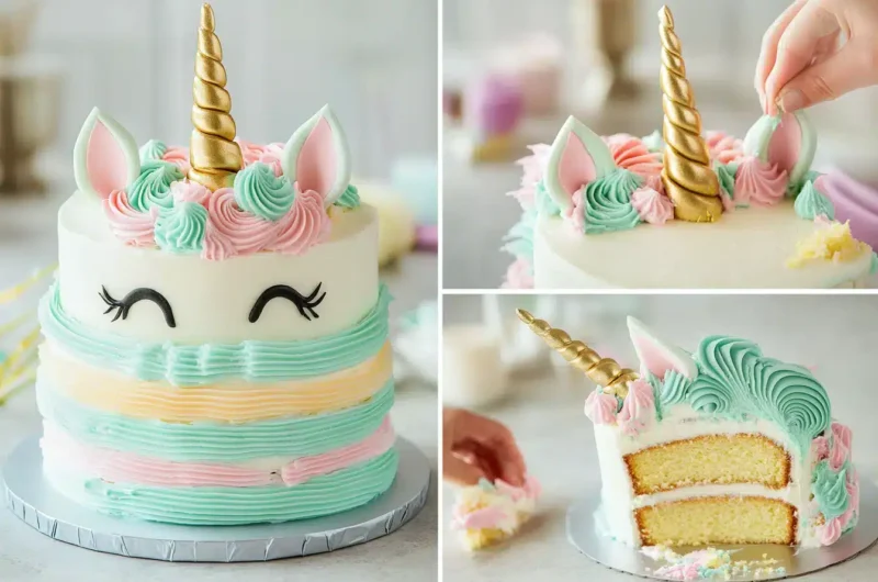 A colorful, whimsical unicorn cake topped with a golden horn and pastel frosting.