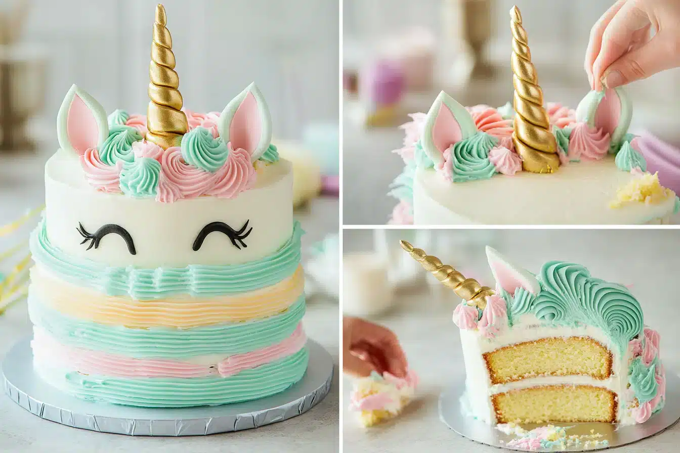 A colorful, whimsical unicorn cake topped with a golden horn and pastel frosting.