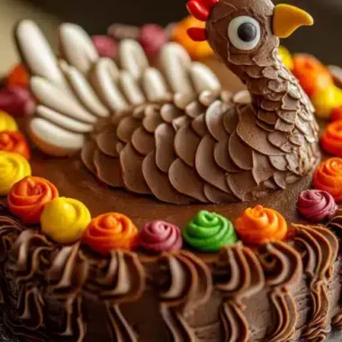 A chocolate cake decorated to resemble a turkey with colorful frosting flowers around the edge.
