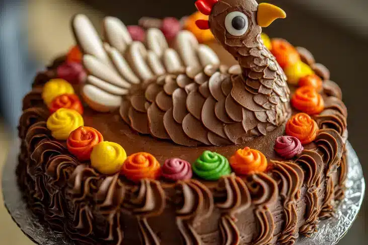 A chocolate cake decorated to resemble a turkey with colorful frosting flowers around the edge.