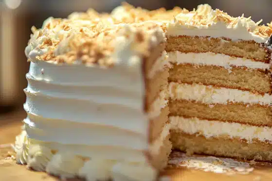 A partially sliced cake with cream and coconut flakes on top.