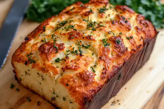 Close-up of golden-brown greek yogurt garlic bread with fresh herbs on a wooden cutting board. A delicious, creamy side dish ready to be served.