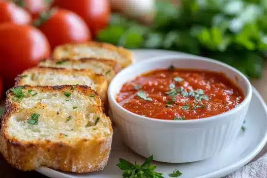 Plated creamy greek yogurt garlic bread paired with marinara sauce, a flavorful appetizer on a warmly lit kitchen counter. The perfect snack, side dish or party food.