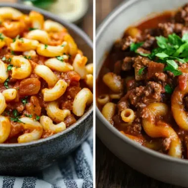 Two bowls of pasta dishes featuring macaroni in rich red sauce, one with meat and the other vegetarian.