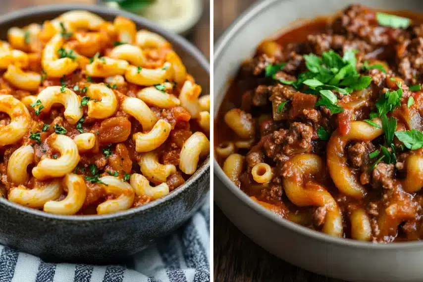 Two bowls of pasta dishes featuring macaroni in rich red sauce, one with meat and the other vegetarian.