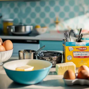 A bright kitchen counter filled with various baking ingredients, including eggs, butter, and a box of flour.
