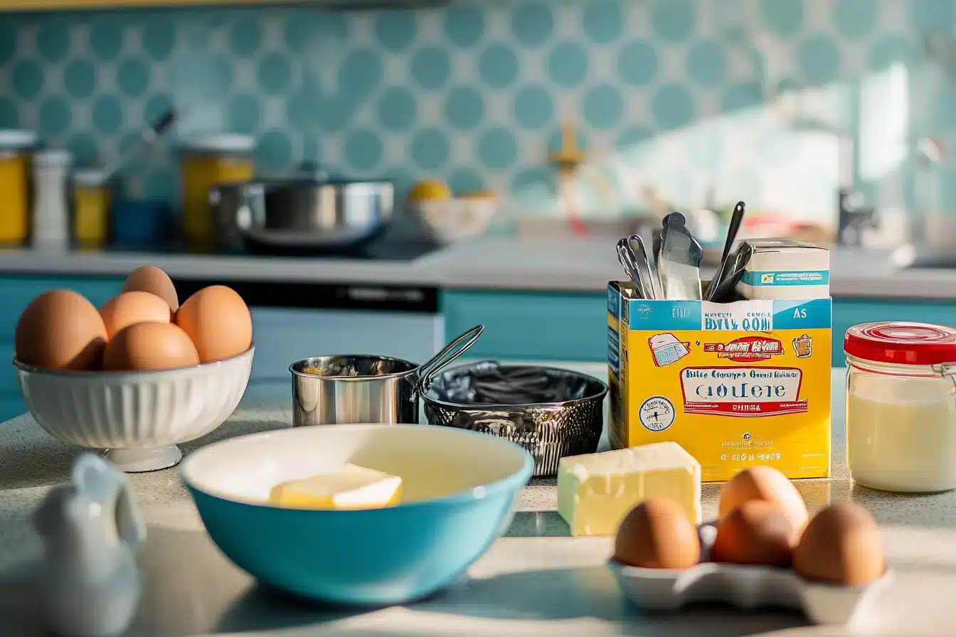 A bright kitchen counter filled with various baking ingredients, including eggs, butter, and a box of flour.