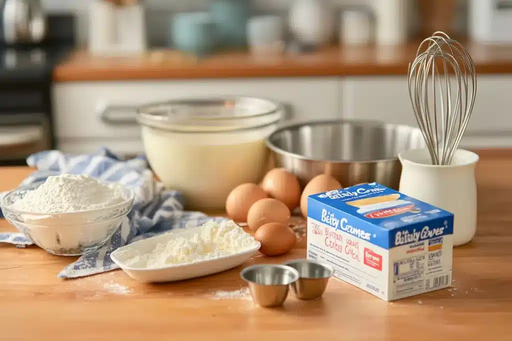 Step-by-step instructions for enhancing Betty Crocker mix, showing added chocolate chips, vanilla extract, and a whisk in action.