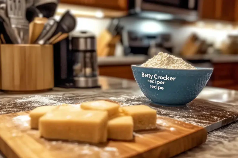 A blue bowl of flour sits on a kitchen counter next to cut pieces of dough on a wooden cutting board.