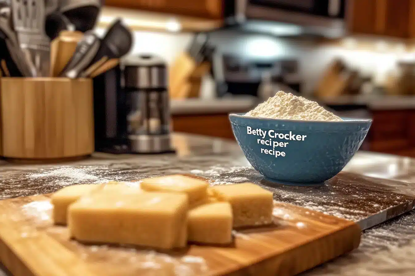 A blue bowl of flour sits on a kitchen counter next to cut pieces of dough on a wooden cutting board.