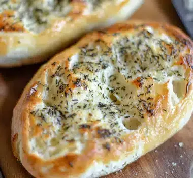 Two golden-brown loaves of bread topped with herbs on a wooden cutting board.