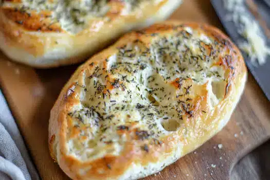 Two golden-brown loaves of bread topped with herbs on a wooden cutting board.