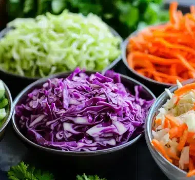 A variety of colorful chopped vegetables in bowls, including green onions, purple cabbage, shredded carrots, and white cabbage.