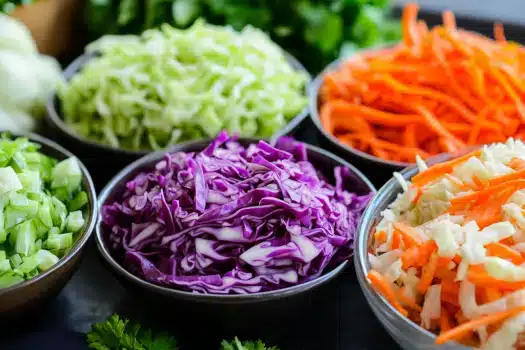 A variety of colorful chopped vegetables in bowls, including green onions, purple cabbage, shredded carrots, and white cabbage.