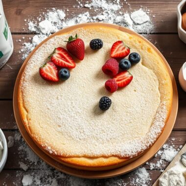 A freshly baked cheesecake topped with strawberries, blueberries, and blackberries is displayed on a wooden table surrounded by baking ingredients.