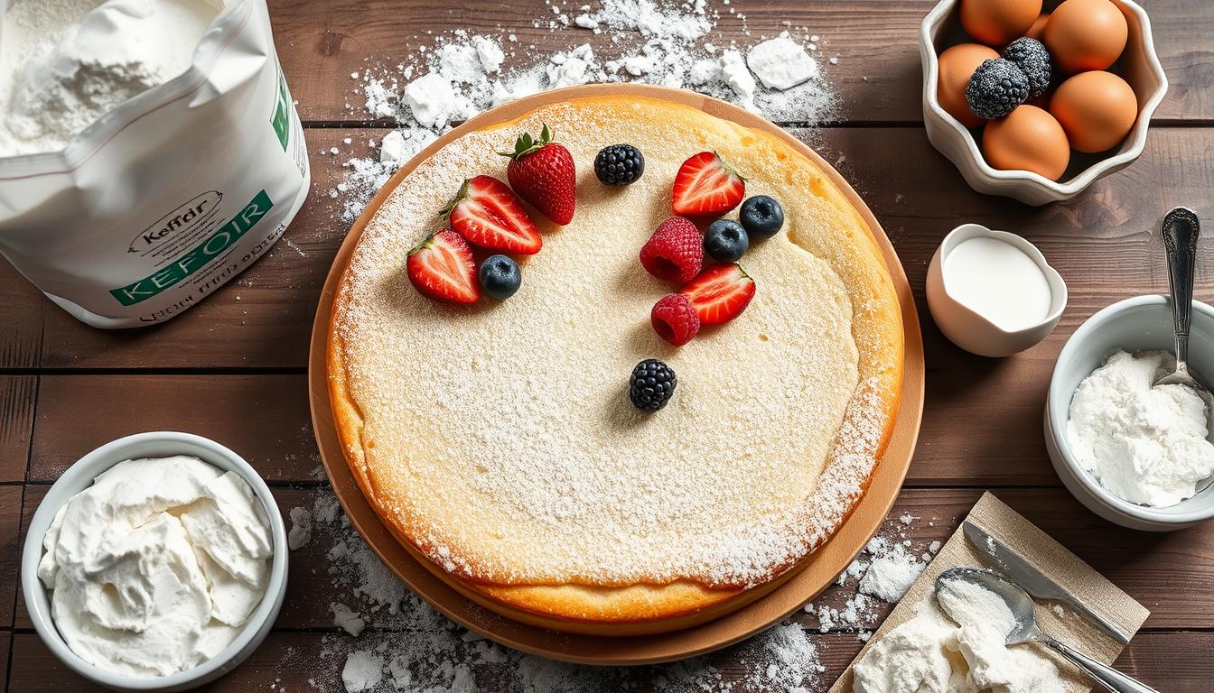 A freshly baked cheesecake topped with strawberries, blueberries, and blackberries is displayed on a wooden table surrounded by baking ingredients.