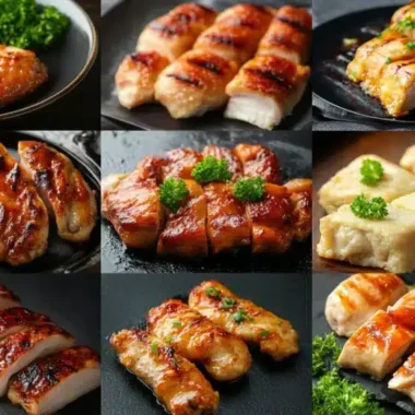 A collage of various grilled chicken dishes displayed on dark plates with garnishes.