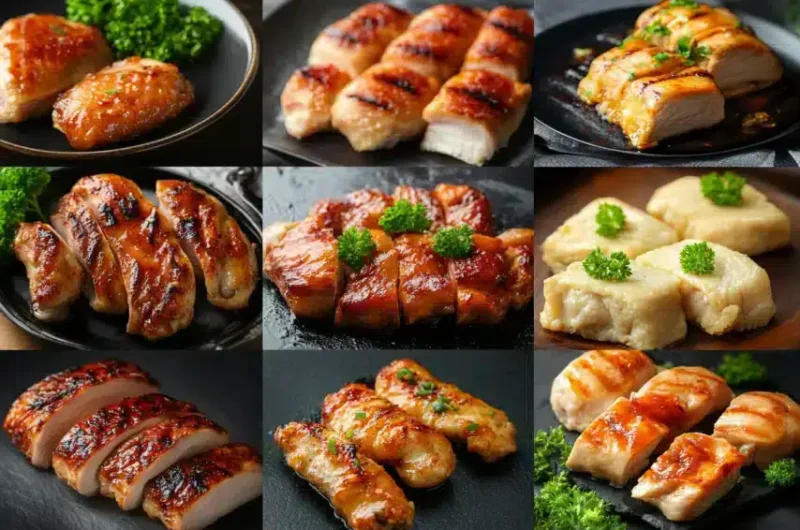 A collage of various grilled chicken dishes displayed on dark plates with garnishes.