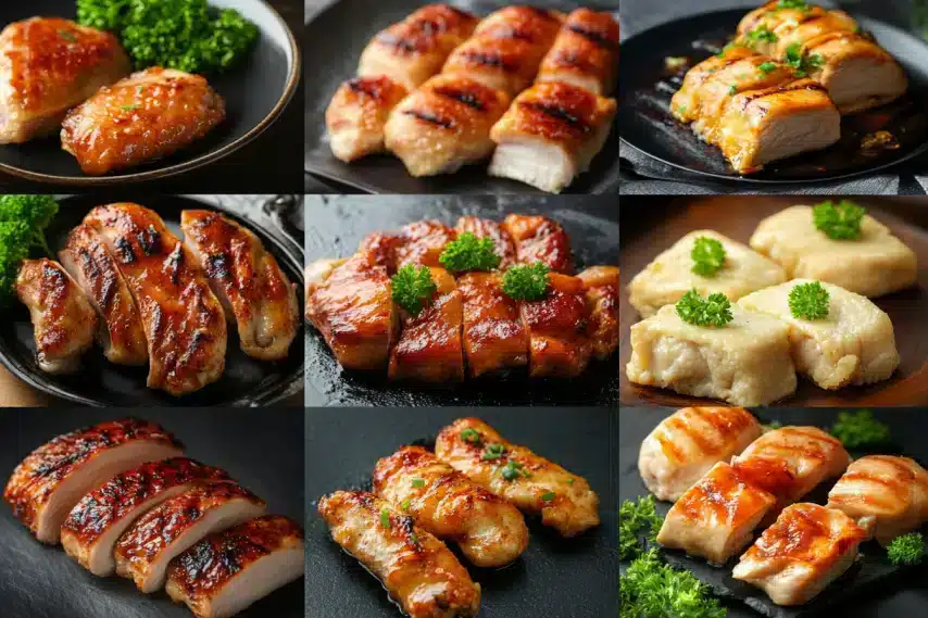 A collage of various grilled chicken dishes displayed on dark plates with garnishes.