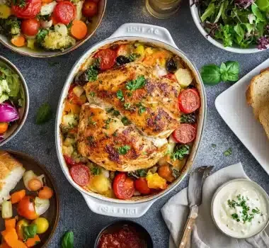 A beautifully arranged meal featuring roasted chicken with vegetables, fresh salads, and sliced bread.