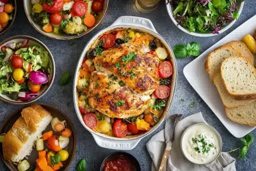 A beautifully arranged meal featuring roasted chicken with vegetables, fresh salads, and sliced bread.