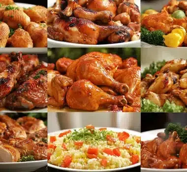 A collage of various chicken dishes displayed on white plates, featuring sides and garnishes.