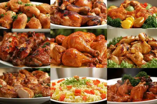 A collage of various chicken dishes displayed on white plates, featuring sides and garnishes.