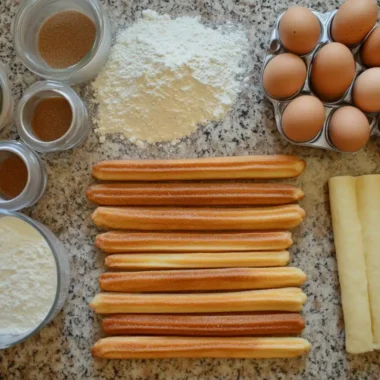 A variety of baking ingredients and churros are arranged on a countertop.