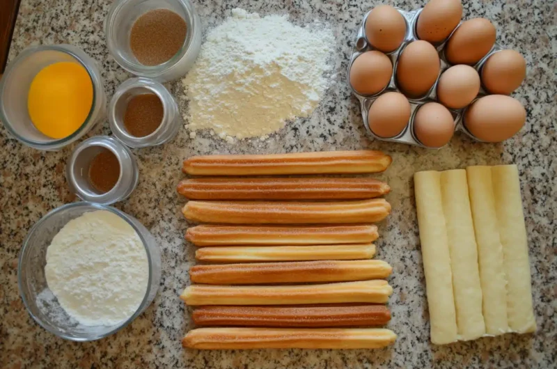 A variety of baking ingredients and churros are arranged on a countertop.