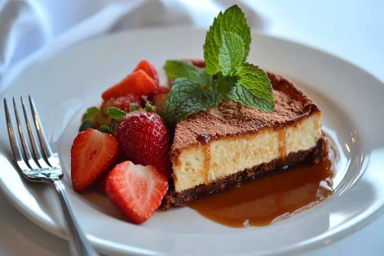 A slice of cheesecake garnished with strawberries and mint leaves on a white plate.