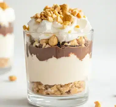 A layered dessert in a clear glass with chocolate, vanilla, and crushed peanuts on top.